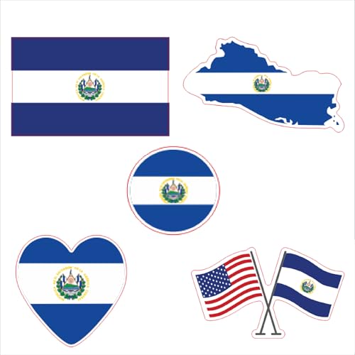 Image of Set of 5 National Flag Themed Sticker Decal of Flag, Country Map, Circular Shape, Heart Shape and with USA Flag for Car, Phone, Laptop, Mug, Bottle, Textbooks (El Salvador)