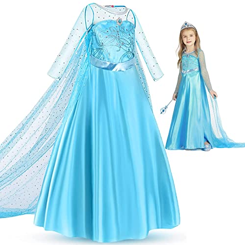 Baufuuya Princess Elsa Costume for Girls Queen Cosplay Clothes for Toddler Birthday Party Dress Up with Accessories Crown (Blue, 6T/130)