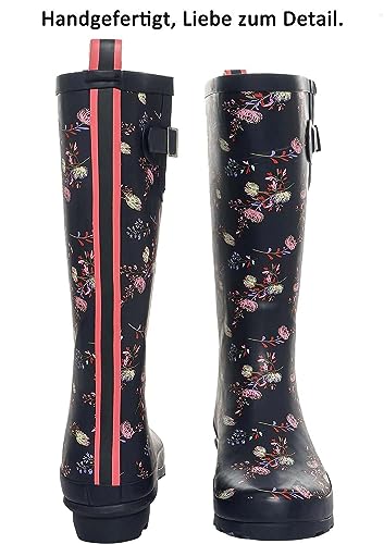 GUGUMIMI Damen Gummistiefel Wasserdicht, Hohe Weitschaft-Regenstiefel, Rutschsicher & Komfortabel für Regentage und Garten, Rosa Blumen, 38 EU