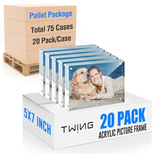 TWING 5x7 Acrylic Frame,75 Cases (20 Pack/Case) Pallet Package for Small Business,12+12MM Thicker Double Sided Acrylic Frame,Freestanding Clear Picture Frame for Desktop Display