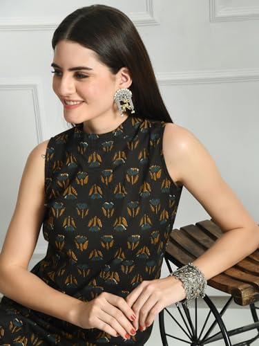 Image of feranoid Unique Printed Choker Neck Back Button Sleeveless Long Kurti
