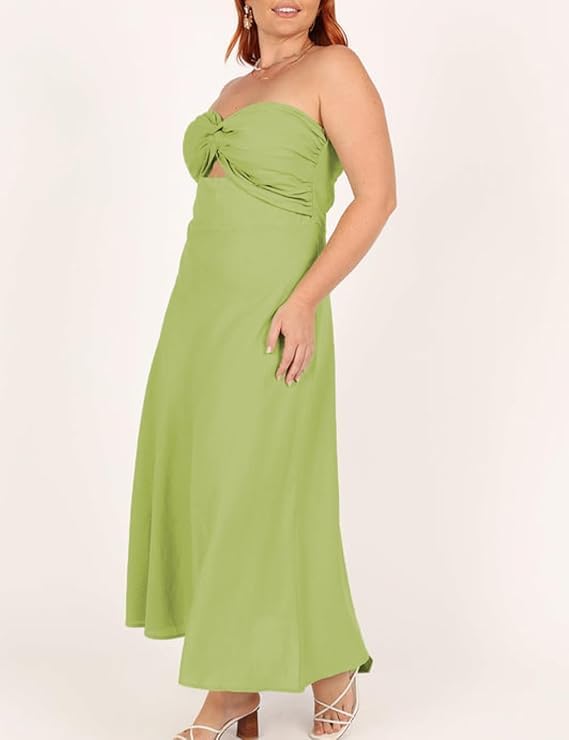 Image of Women Strapless Twist Front Midi Linen Cutout Wedding Guest Dress | Sexy,Sweetheart Neckline,Tube,Long,2026 Summer,Vacation,Formal,Cocktail,Bridesmaid,Party,Baby Shower,Beach,Elegant,Evening