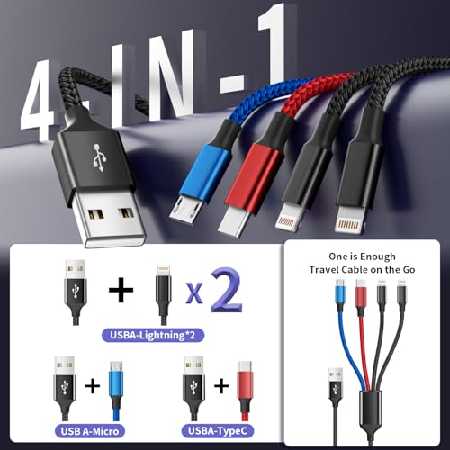 Image of MPATIBY Travel 4 in 1 Multi Charging Cable with Dual IP /Type C /Micro USB, 2Packs 5FT Car Accessories iPhone Charger Cord for Multiple Devices, Universal USB Cable for iPhone17-8 /iPads /Tablets and More
