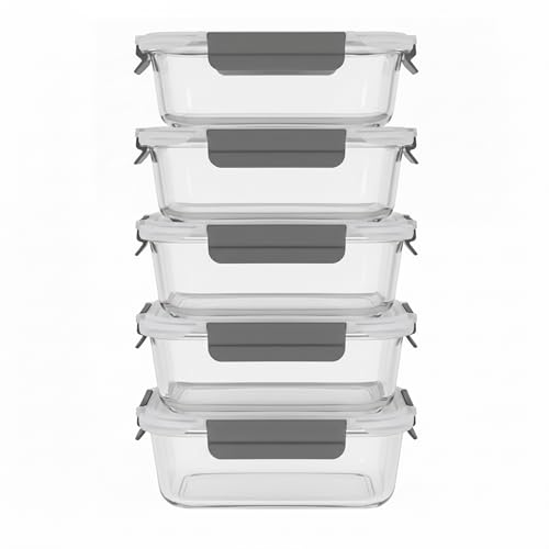ECOBERI Glass Food Storage Containers with Lids, Meal Prep, Lunch, 5 Piece