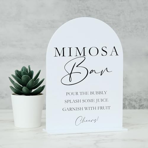 Acrylic Mimosa Bar Sign with Stand- 5x7 White Arch Wedding Sign and Base 1/8 Thick | Modern Calligraphy Black Lettering Acrylic Table Sign for Wedding & Party