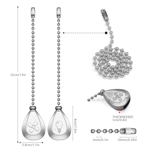 Dotlite Silver Ceiling Fan Pull Chain, 2Pcs 12 Inches Decorative Fan Pull Chain Ornaments Extension, 3mm Diameter Beaded Ball Fan Pull Chain Extender with Connector (Silver)