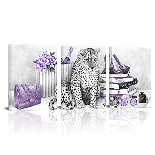 Artkissmore Fashion Picture Fantasy Leopard Wall Decor - Black White Leopard Art With Woman High Heel Flower Bag Trendy Design Artwork For Beauty Salon Girl Bedroom Dressing Room Wall Framed12X16Inchx3Pcs #TOP6