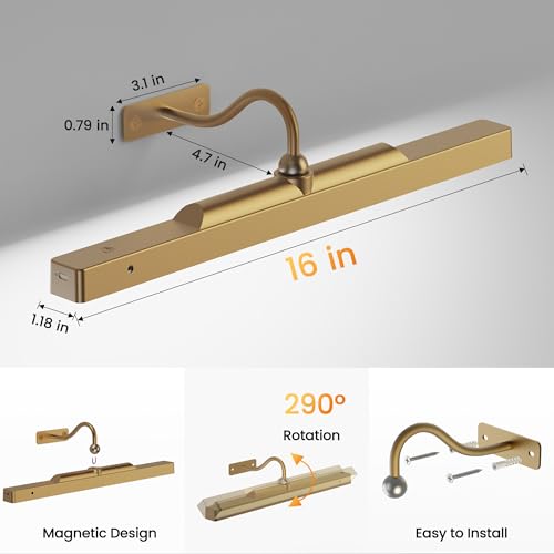 Picture Light Battery Rechargeable, 3Pack Picture Light for Wall with Remote, 3 Color Modes and Dimmable Classic Art Lights for Paintings, Pictures in Gallery, Bedroom, Bathroom with Timer Brass