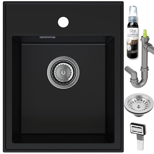 SINK QUALITY Spülbecken klein 40x50 cm - Spülbecken schwarz mit Siphon und Imprägnierung - Granitspüle schwarz für Unterschränke ab 40 cm Breite - Kleine Einbauspüle Granit