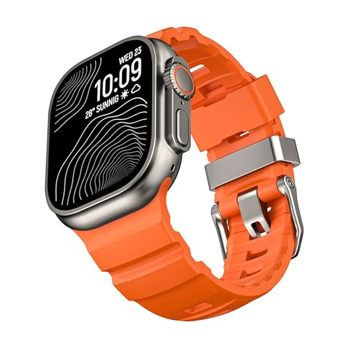 Rugged Silicone Bands Compatible with Apple Watch Ultra 3/2/1 Band 49mm 46mm 45mm, Durable Adventurous Sport Rubber Strap with Metal Clasp for iWatch Series 11 10 9 8 7 SE (T-Orange, 42mm/44mm/45mm/46mm/49mm) by raycarrey - Used condition - US$16.18