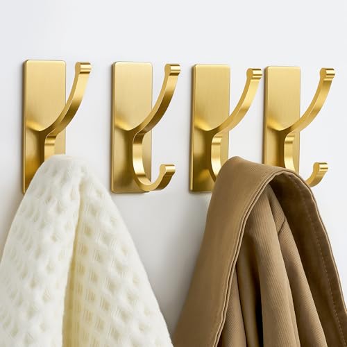 pickpiff Adhesive Wall Hooks with Strip - No Residue, Easy to Remove, Strong Heavy Duty Sticky Towel Hook, 4 Pack Brushed Gold