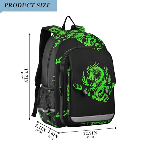 Green Dragon Black Backpack for School Boys Girls, Front Flap School Bag, 17 Inch Durable Backpack for Kids, Age 6-122