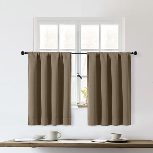 OWENIE Sally Taupe Short Blackout Curtains 36 Inch Length 2 Panels Set, Half Window Rod Pocket Privacy Room Darkening Curtain Tiers for Kitchen Bathroom, 2 Pcs Each W40 x L36 Inch, Taupe
