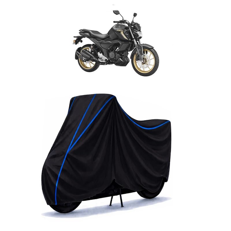 Image of FZS-FI V4 STD Bike Cover Water Resistant Universal Motorcycle Rain | Heavy Duty UV Protection, Dust, Scratch Indoor Outdoor All Weather with Black Blue Piping Elastic