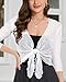 Women Crop Cardigan Sheer Mesh Bolero Shrug for Dress Tie Front 3/4 Sleeve Tops (Pure White,M)