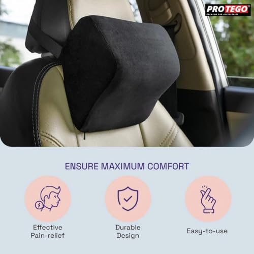 Image of PROTEGO Universal Memory Foam Car Neck Rest Pillow with Washable Velvet Cover | Relieves Neck Pain | Ergonomic Support Orthopedic Cushion Ultra Soft| For All Hatchback SUV Sedan Cars |Black (Standard)