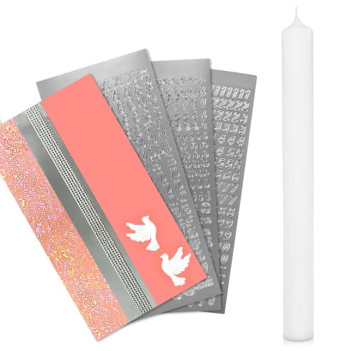 WIKAKERZEN Kerzen-Rohling Set für Taufe, Hochzeit oder Kommunion selbst gestalten inkl. Buchstaben zum Aufkleben, Wachsmotiven Wachplatten und Wachsstreifen (Rosa mit Taube Kerze 40x4 cm | Weiss)