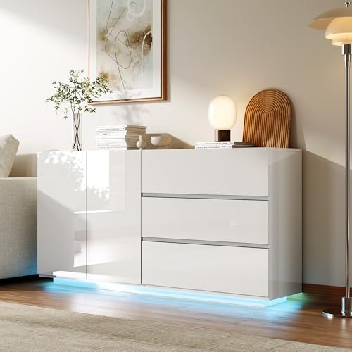 Cómoda blanca brillante, aparador moderno con iluminación LED, 3 cajones, 2 puertas, 160 cm de ancho, armario de cocina, armario de salón, para dormitorio, comedor, oficina, pasillo, 160 x 35 x 76 cm