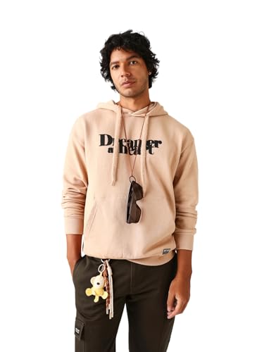 Image of THE BEAR HOUSE Men's Beige Printed Hoodie | Relaxed Fit Casual Hooded Sweatshirt with Kangaroo Pocket