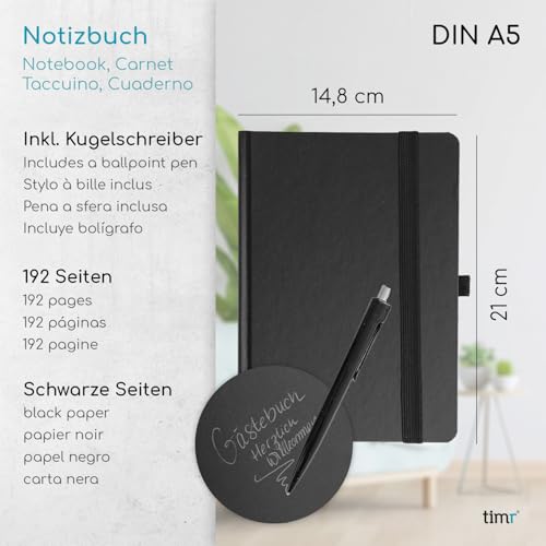 Timr Notizbuch A5 mit schwarzen Seiten 90 g/qm - 192 Seiten inkl. Kugelschreiber - hochwertig schreiben zeichnen I tr508