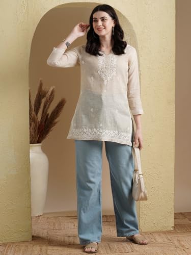 Image of Ada Women's Cotton Straight Fit Straight Hand Embroidered Lucknowi Chikankari Khadi Short Kurti Top A911388 Fawn