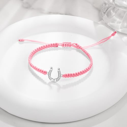 J.Endéar Horseshoe Bracelet for Women 925 Sterling Silver Cord Zirconia Bracelet Handmade Rope String Adjustable Good Luck Gift for Horse Lovers2
