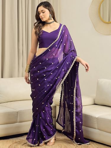 Image of AKHILAM Women's Shimmer Pure Georgette Embroidered Ready To Wear one Minute Saree With Unstitched Blouse Piece