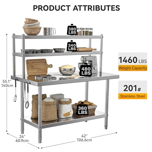 Image of DWVO 42x24in Stainless Steel Table with Adjustable Overshelf | NSF Metal Prep Worktable for Kitchen Restaurant Hotel Garage Warehouse Home Commercial