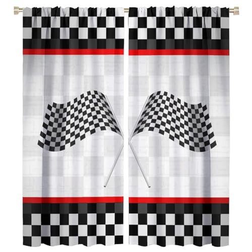 HZOHNAGO Race Car Flag Curtains Rustic Racing Car Game Theme Pattern for Kids Room Decoration Blackout Print Rod Pocket Window Drapes for Bedroom Living Room 42x45in