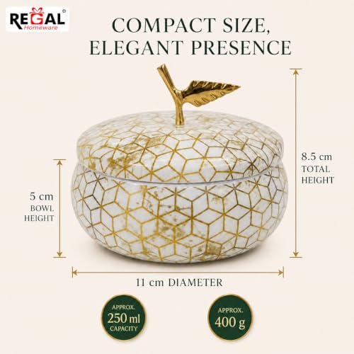 Image of Pearl Bonbon Metal Bowl with Lid, Glossy Meena Art, Solid Brass Leaf Knob for Dry Fruits, Chocolates, Cookies & Namkeen, Approx. 250 ml