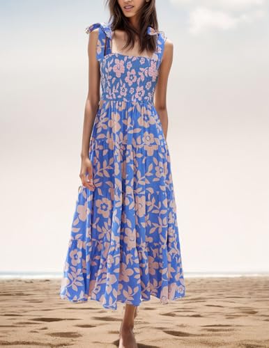 Image of kinstell Women's Summer Boho Spaghetti Strap Square Neck Ruffle Casual Flowy Long Dress Beach Swing Party Maxi Dress
