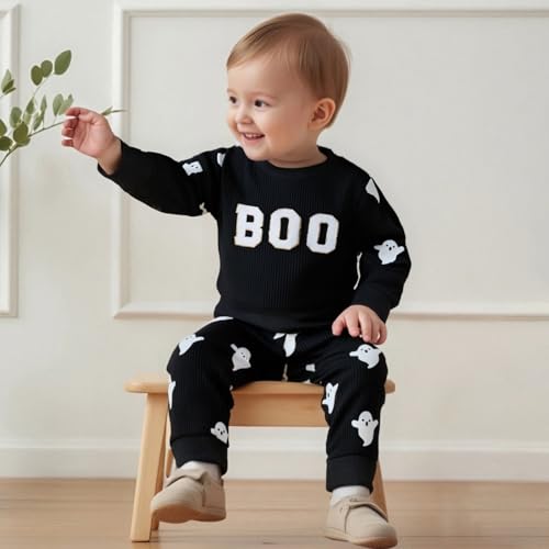Toddler Boy Girl Halloween Outfit Embroidery Boo Crewneck Sweatshirt Ghost Pants Set Baby Fall Winter oversize Clothes2