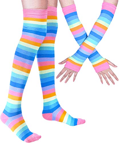 Image of YELAIVP Over Knee Rainbow Thigh High Socks Gloves Set Cosplay Accessories Arm Leg Warmers for Girls