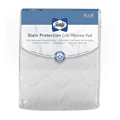 Image of Sealy Stain Protection Waterproof Fitted Toddler Bed and Baby Crib Mattress Pad Cover Protector, Noiseless, Machine Washable and Dryer Friendly 52" x 28" - White