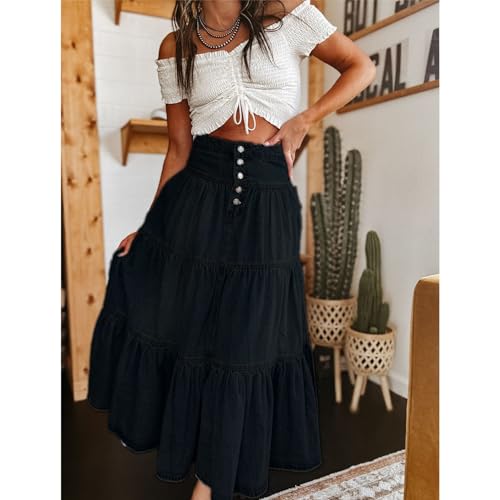 lisenraIn High Waist Long Denim Skirts for Women A-Line Tiered Jean Maxi Skirt Boho Swing Button Down Ruffle Long Skirt2