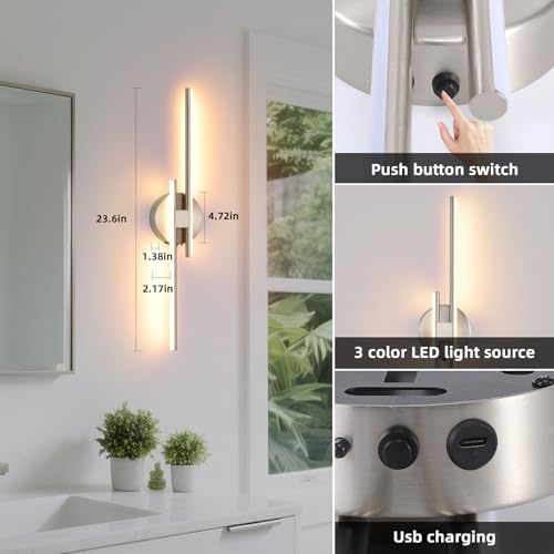Image of Battery Operated Wall Sconce Set of 2, Brushed Nickel 23.6 inch 3000K-6500K Dimmable Wall Sconces with Remote Control, Wireless Wall Light Rechargeable for Bedroom Hallway Living Room Background