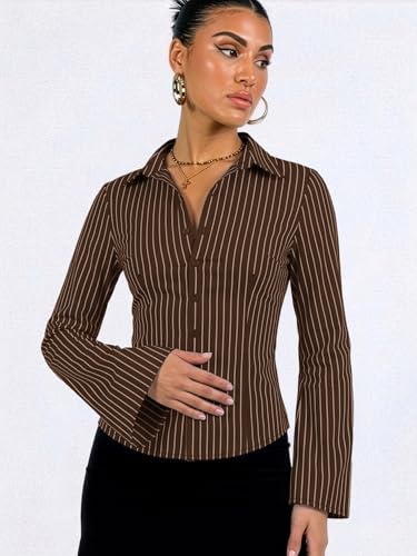Image of Aahwan Striped Button Down Flared Bell Long Sleeve Casual Shirt for Women's & Girl's