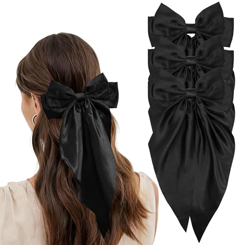 Silky Satin Hair Bows for Women - 3Pcs Black Big