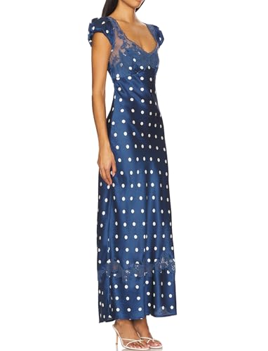 Image of Women Sexy Lace Patchwork Mesh Dress Floral Print Cutout Sweetheart Neck Backless Slit Summer Maxi Dress