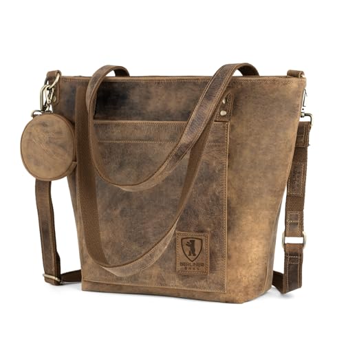 Berliner Bags Vintage Umhängetasche Verona, Große Schultertasche aus Leder mit YKK Reißverschluss, Shopper, Henkeltasche für Damen - Braun