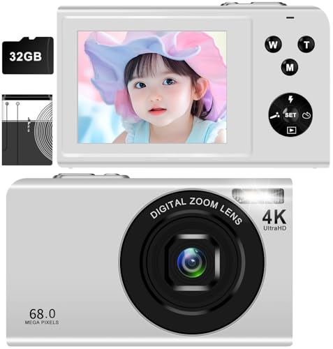 デジカメ 4K 6800万画素 30FPS デジタルカメラ 16Xデジタルズーム AFオートフォーカス 笑顔検出 充電式YouTubeカメラ 初心者向け ウェブカメラ 誕生日 VLOG クリスマス 新年 軽量 小型 携帯便利 ポケットカメラ 32GBカード付き 日本語説明書