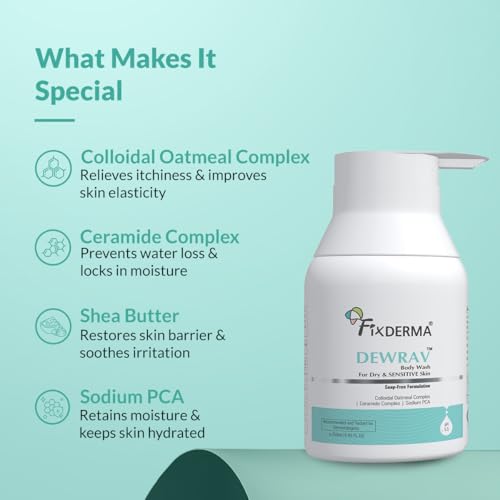 Image of Fixderma Dewrav Body Wash for Dry & Sensitive Skin with Shea Butter & Ceramide Complex | Deep Hydration & Repair Skin Barrier | Soap Free Formulation | Body Wash Shower Gel for Men & women - 250 ml