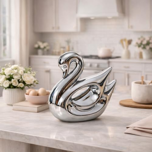 Image of Xtore Metallic Silver Swan Ceramic Figurine for Home Decor, Elegant Tabletop Accent for Living Room & Bedroom