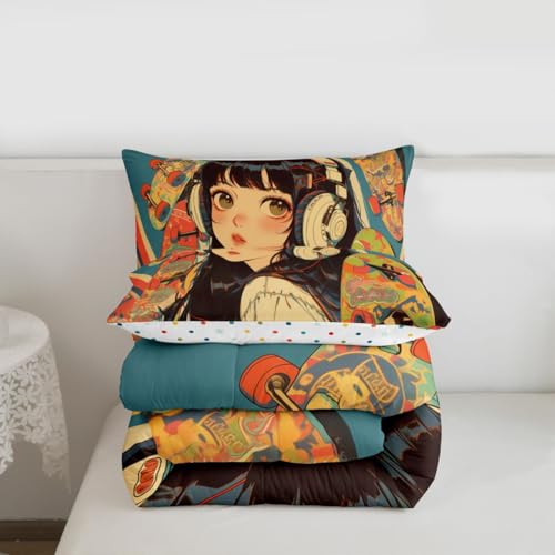 Image of Erosebridal Kids Comforter Sets Queen Size, Cool Girl with Hippie Headphone Bedding Comforter Sets, Fashion Girly Comforter Duvet Set 3D Anime Cartoon Style Teens Bedding Sets for Girls Women