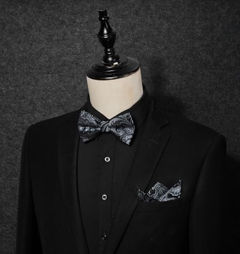 Image of HISDERN Bow Ties for Men Pre-Tied Bow Tie Floral Paisley Handkerchief Classic Formal Bowtie and Pocket Square Cufflinks Set