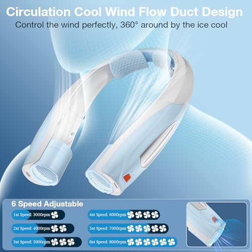 Image of Hionly Neck Fan, 6 Speeds Adjustable Portable Personal Fan Rechargeable, 6000 mAh Battery Faster Cooling Wearable Fan, Ultra Quiet for Home, Office, Travel, Outdoor