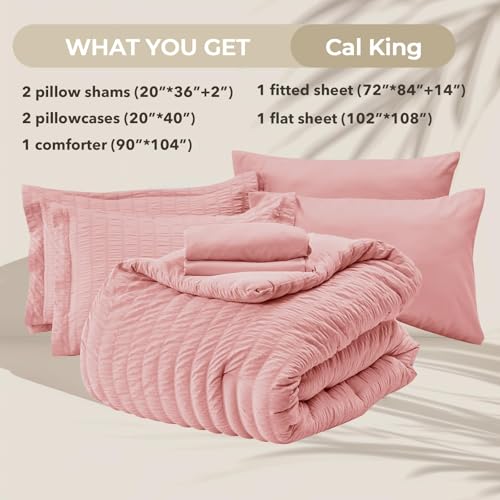 Image of HYMOKEGE Rose Pink California King Comforter Set Seersucker 7 Pieces, All Season Luxury Bed in a Bag for Bedroom, Bedding Set with Comforter, Sheets, Pillowcases & Shams