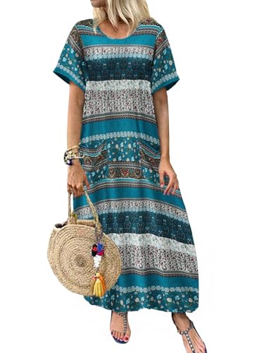 Robe d'été en coton et lin respirante à manches courtes avec poches latérales pratiques