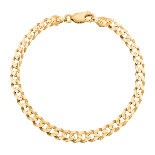 Savlano 14K Gold Plated Over Solid 925 Sterling Silver Italian Curb Cuban Link Chain Bracelet For Women & Men - Made in Italy Comes With a Gift Box