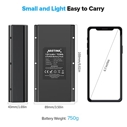 NASTIMA 12V 6000mAh Lithium Iron Phosphate Power Bank with 14.6V 1.5A Charger, 2000 Cycles 12.8V 6AH LiFePo4 Rechargeable Battery with DC 12V 9V and 5V USB Output for LED Strip, CCTV Camera, Mobile